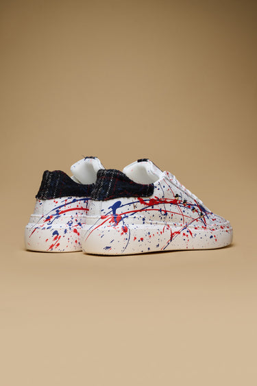 VEGAS - Retro high-sole sneakers in Blue Scottish plaid with studs and paint splashes