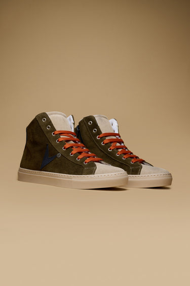 OLYMPIC MID- Sneakers alte Scamosciate Verde Militare con retro e inserto Blu