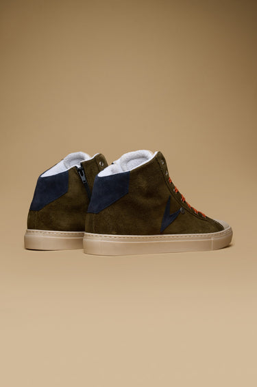 OLYMPIC MID- Sneakers alte Scamosciate Verde Militare con retro e inserto Blu