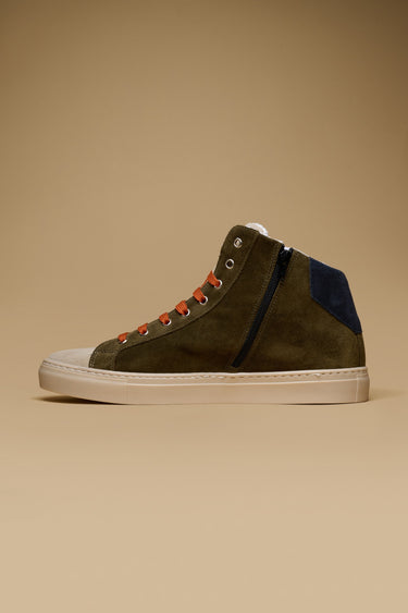 OLYMPIC MID- Sneakers alte Scamosciate Verde Militare con retro e inserto Blu