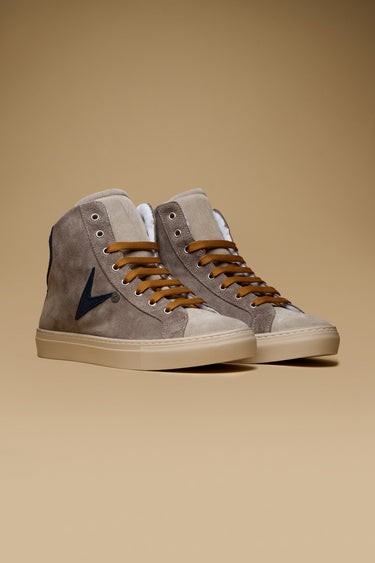 OLYMPIC MID- Sneakers alte Scamosciate Tortora con retro e inserto Blu