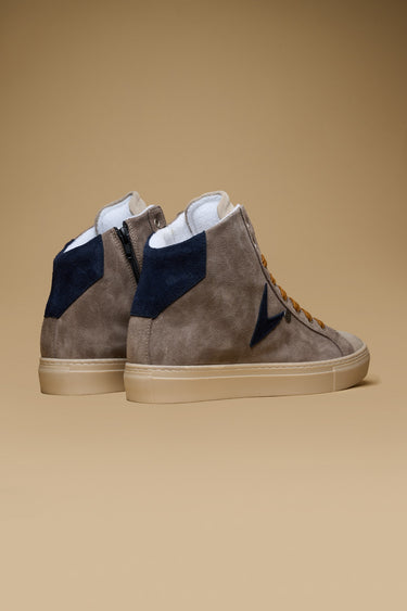 OLYMPIC MID- Sneakers alte Scamosciate Tortora con retro e inserto Blu