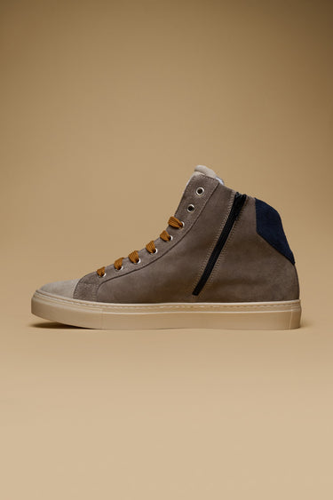 OLYMPIC MID- Sneakers alte Scamosciate Tortora con retro e inserto Blu