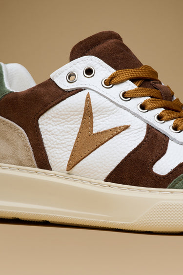 SUPERSTAR - Sneakers a suola alta Bianca con inserti Verde Militare, Moro e Cuoio