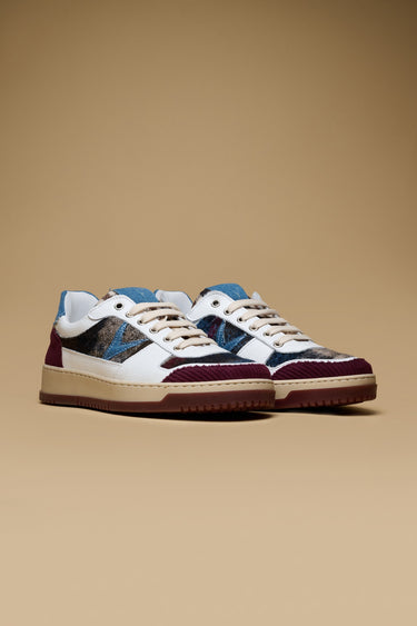 COLLEGE - White sneakers with burgundy fabric patchwork inserts V2
