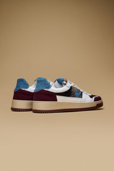 COLLEGE - White sneakers with burgundy fabric patchwork inserts V2