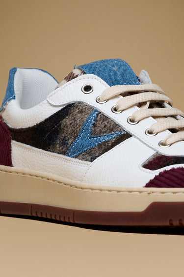COLLEGE - White sneakers with burgundy fabric patchwork inserts V2