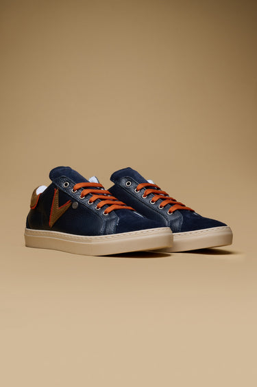 OLYMPIC V - Low-top sneakers in hammered leather Blue with Bicolor Cuoio and Orange insert and back
