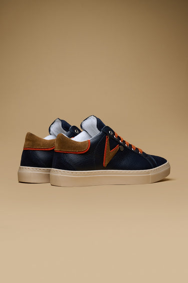 OLYMPIC V - Low-top sneakers in hammered leather Blue with Bicolor Cuoio and Orange insert and back