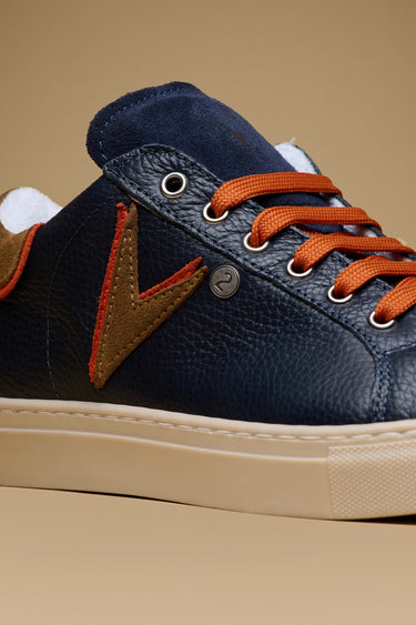OLYMPIC V - Low-top sneakers in hammered leather Blue with Bicolor Cuoio and Orange insert and back