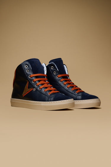 OLYMPIC MID - Sneakers alte Blu con doppio inserto Cuoio e Arancio