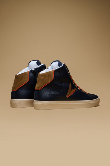 OLYMPIC MID - Sneakers alte Blu con doppio inserto Cuoio e Arancio