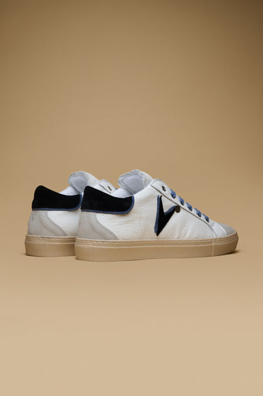 OLYMPIC V - Low-sole sneakers in hammered leather with black and light blue bicolor insert and heel tab