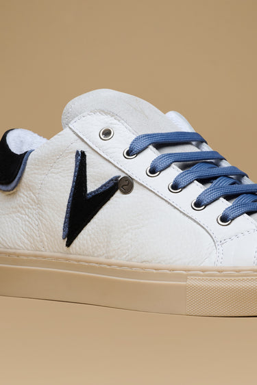 OLYMPIC V - Low-sole sneakers in hammered leather with black and light blue bicolor insert and heel tab