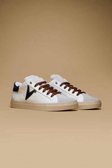 OLYMPIC V - Sneakers a suola bassa in pelle martellata con inserto e retro Bicolor Blu e Moro