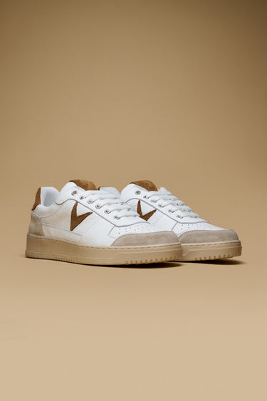 COLLEGE - Sneakers Bianca con retro e inserto scamosciato Cuoio