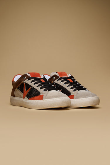 PABLITO - Dark Brown Sneakers with Sand, Orange, and V2 fabric inserts