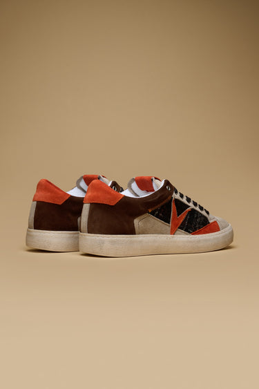 PABLITO - Dark Brown Sneakers with Sand, Orange, and V2 fabric inserts