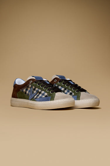 PABLITO - Dark Brown sneakers with Military Green inserts, Jeans and V2 fabric