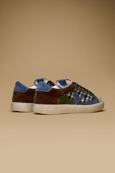 PABLITO - Dark Brown sneakers with Military Green inserts, Jeans and V2 fabric