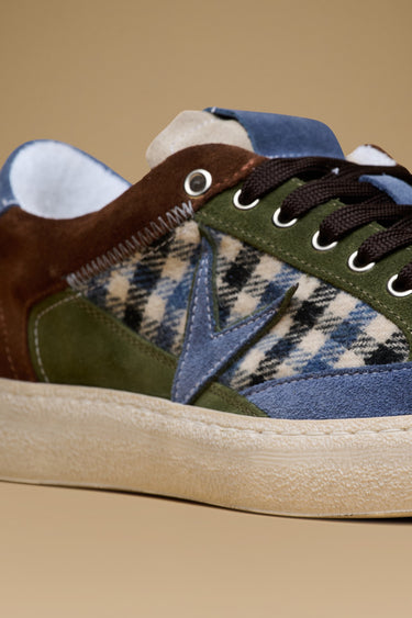 PABLITO - Dark Brown sneakers with Military Green inserts, Jeans and V2 fabric