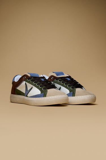 PABLITO - Dark Brown sneakers with Military Green leather and denim inserts