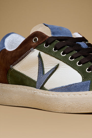 PABLITO - Dark Brown sneakers with Military Green leather and denim inserts