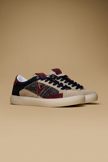 PABLITO - Blue sneakers with Sand, Burgundy and V2 fabric inserts