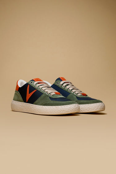 ATENA - Military Green suede low-sole sneakers with Orange inserts