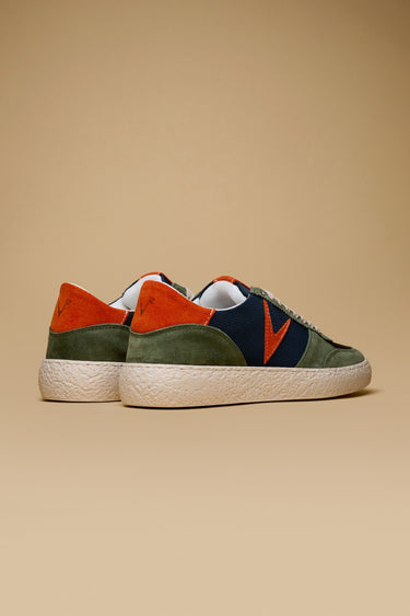 ATENA - Military Green suede low-sole sneakers with Orange inserts