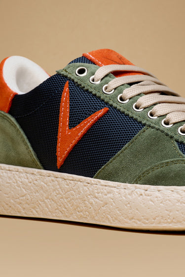 ATENA - Military Green suede low-sole sneakers with Orange inserts