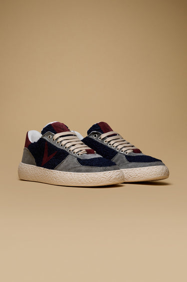 ATENA - Low-sole sneakers in grey suede and blue bouclé fabric with burgundy inserts