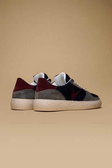 ATENA - Low-sole sneakers in grey suede and blue bouclé fabric with burgundy inserts