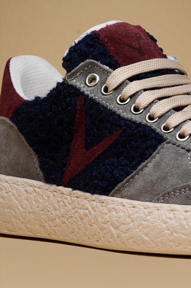 ATENA - Low-sole sneakers in grey suede and blue bouclé fabric with burgundy inserts