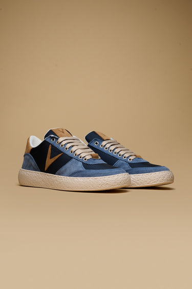 ATENA - Light blue suede low-sole sneakers with tan leather inserts