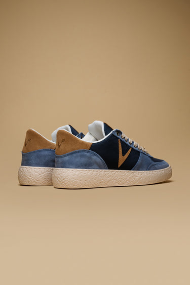 ATENA - Light blue suede low-sole sneakers with tan leather inserts