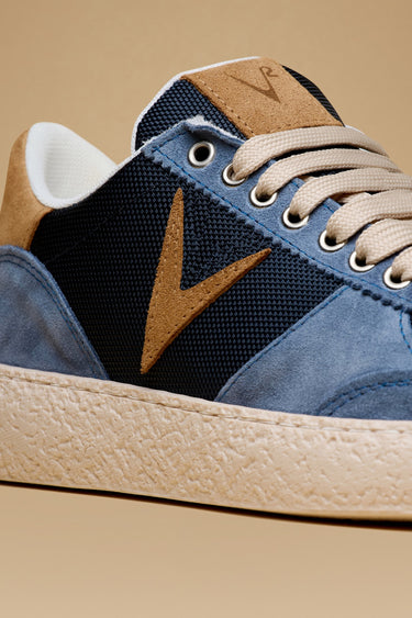 ATENA - Light blue suede low-sole sneakers with tan leather inserts