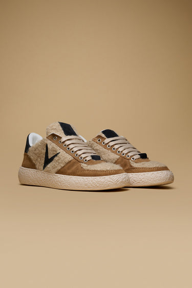 ATENA - Low-sole sneakers in tan suede and Bouclé fabric with blue inserts