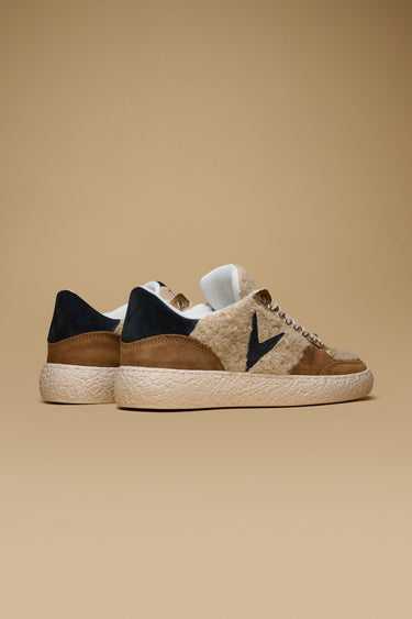ATENA - Low-sole sneakers in tan suede and Bouclé fabric with blue inserts