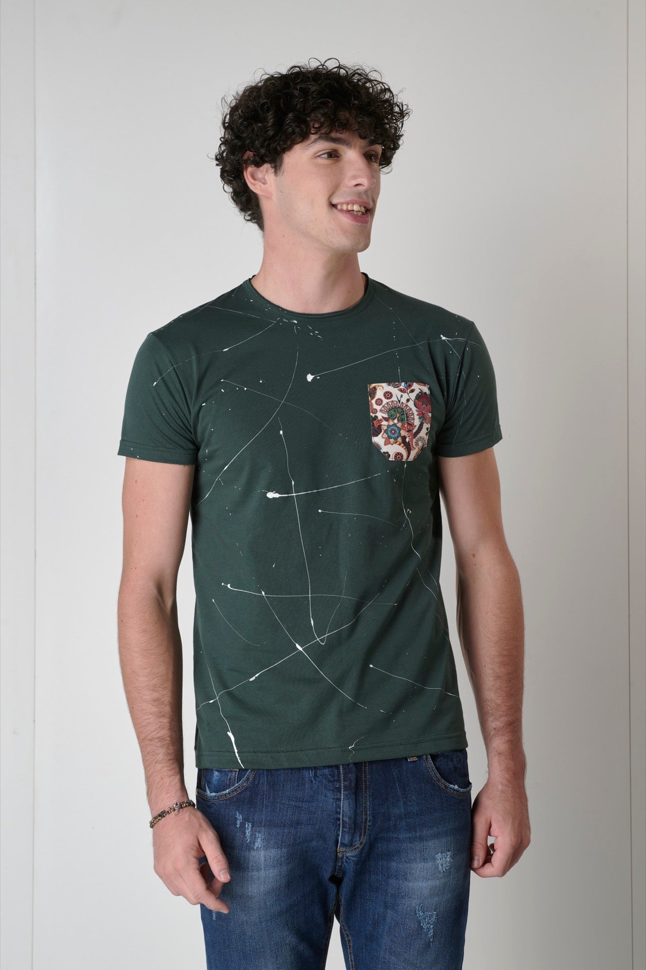 Green T-Shirt with V2 fabric pocket and paint splatters