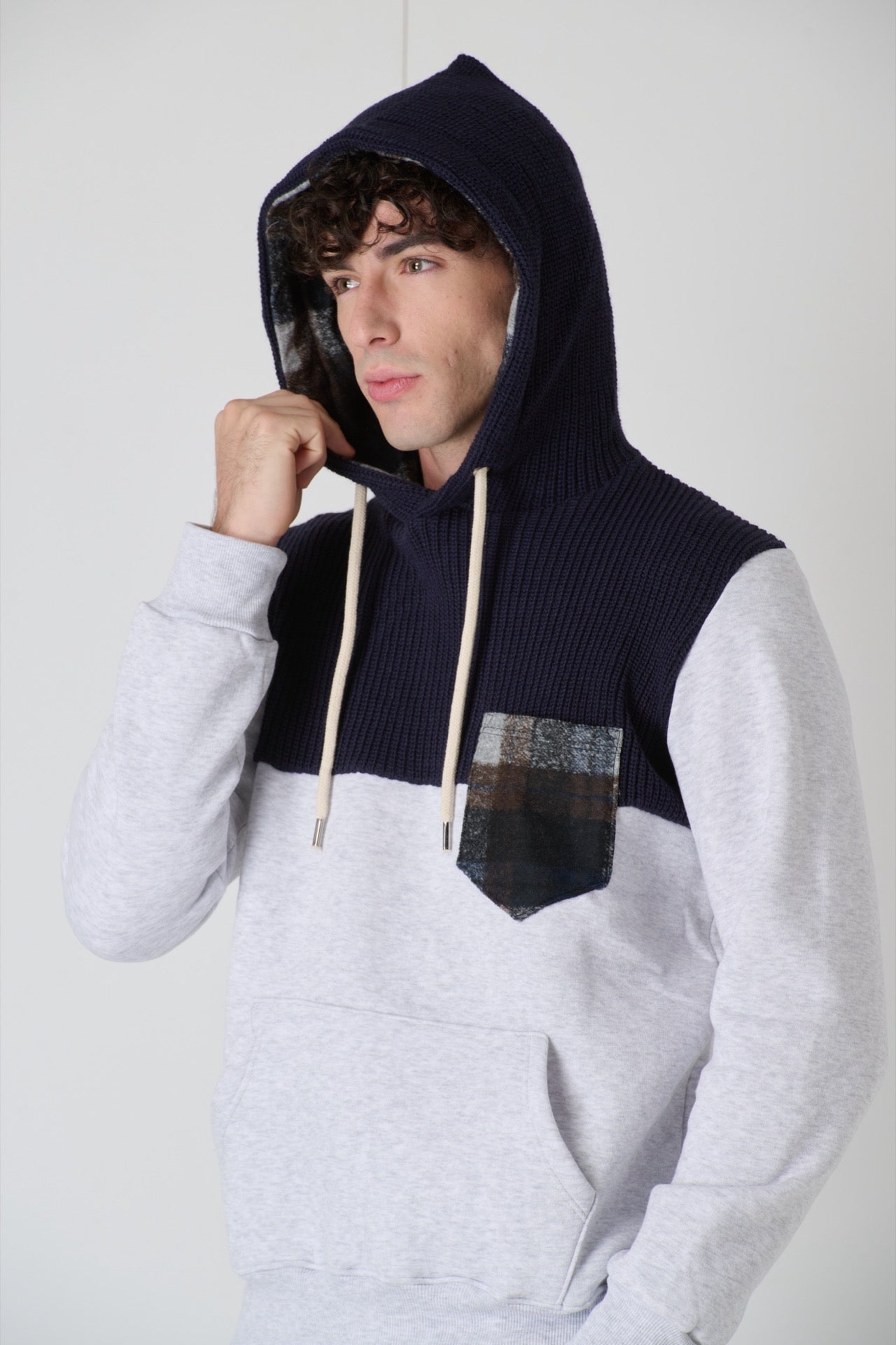 Grey Two-Tone Knitwear Hoodie