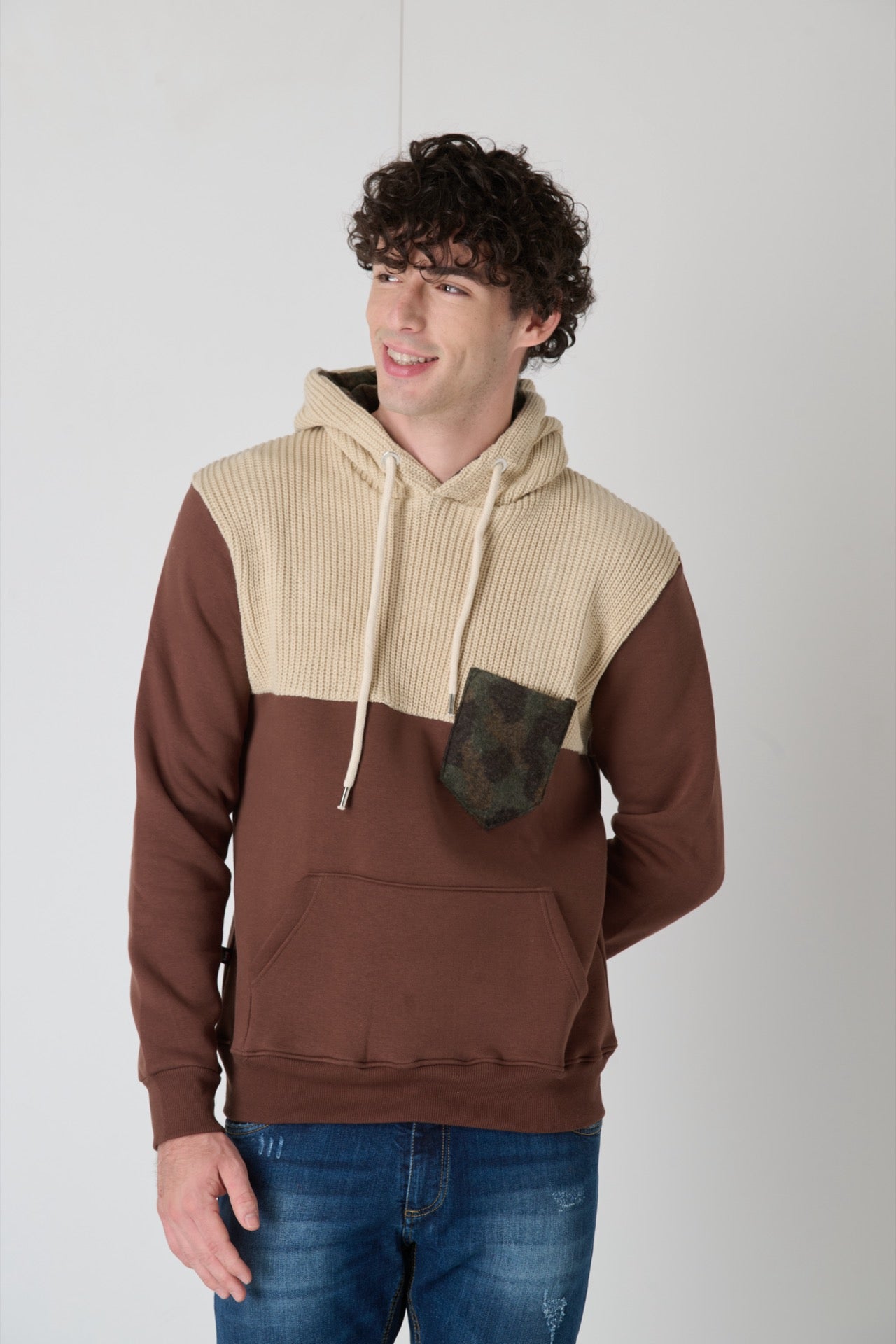 Tobacco Two-Tone Knitwear Hoodie