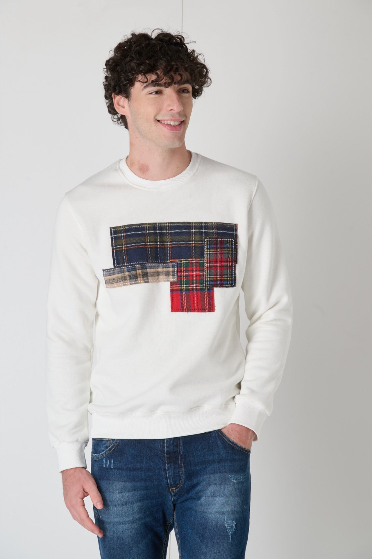 Patchwork Crewneck Sweatshirt with V2 Cream Fabrics