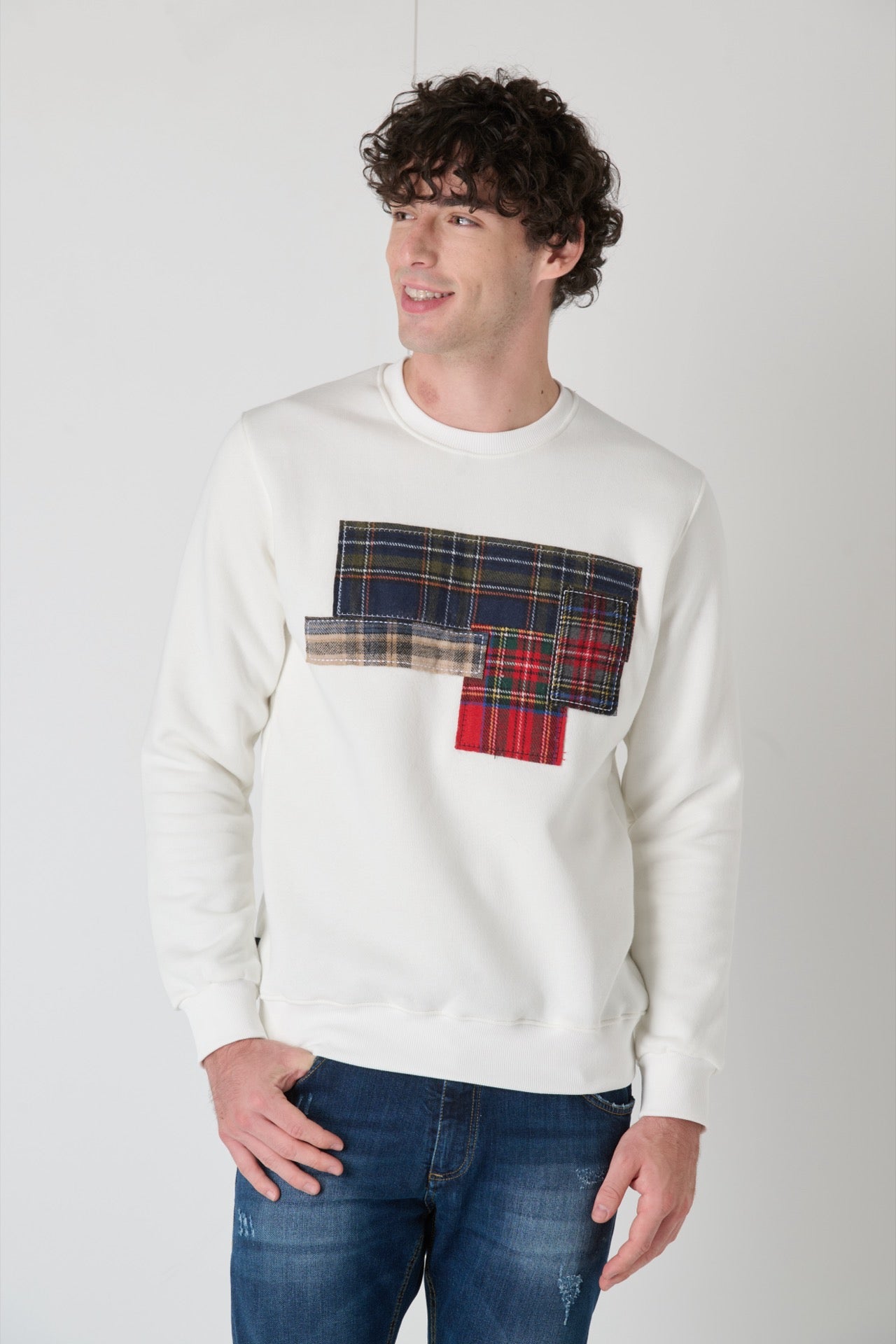 Patchwork Crewneck Sweatshirt with V2 Cream Fabrics