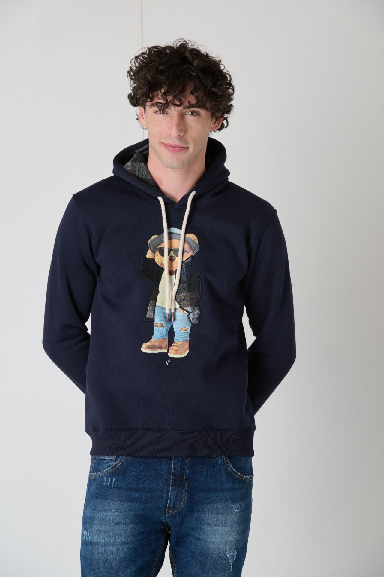 Hoodie with embroidered teddy in fabric V2 Blue