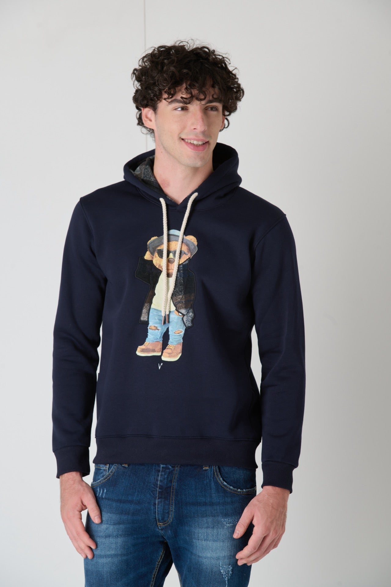 Hoodie with embroidered teddy in fabric V2 Blue