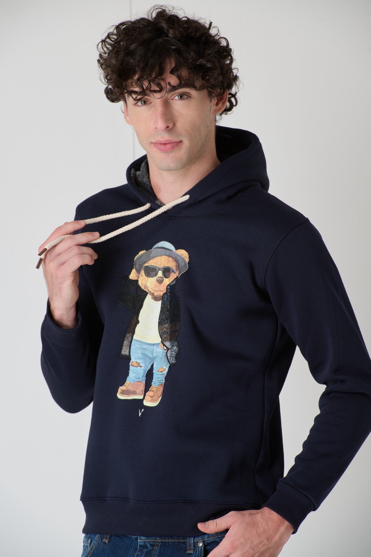 Hoodie with embroidered teddy in fabric V2 Blue