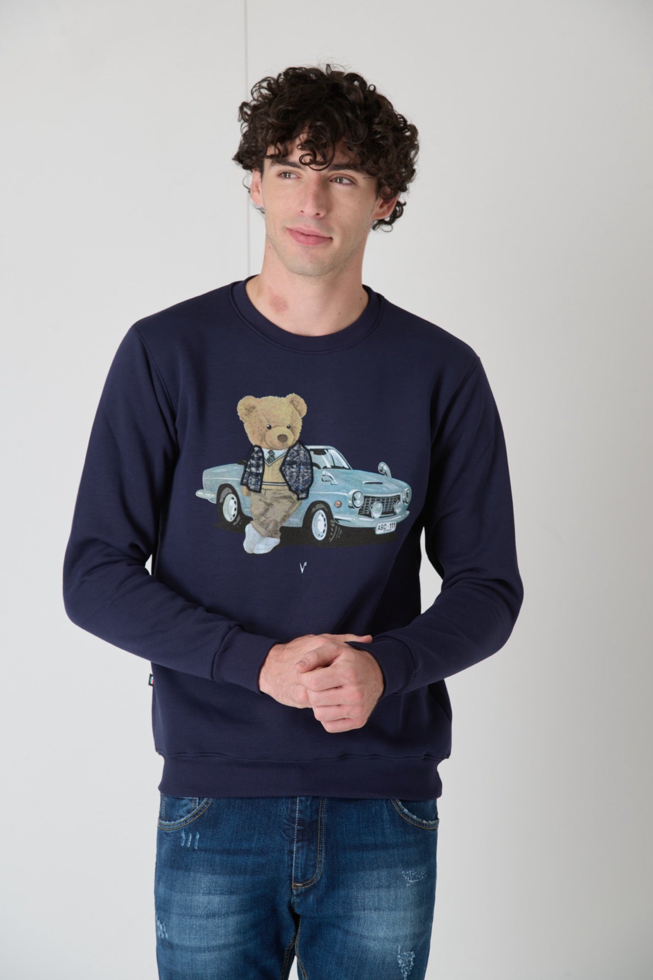 Crewneck Sweatshirt with Embroidered Teddy in V2 Blue Fabric