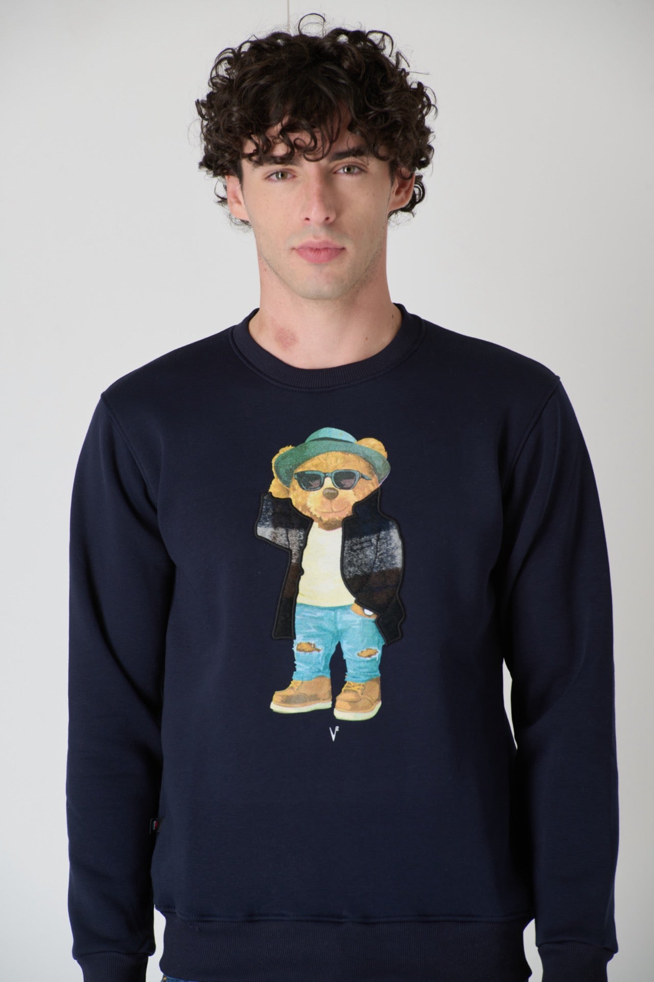 Crewneck Sweatshirt with Embroidered Teddy in V2 Blue Fabric