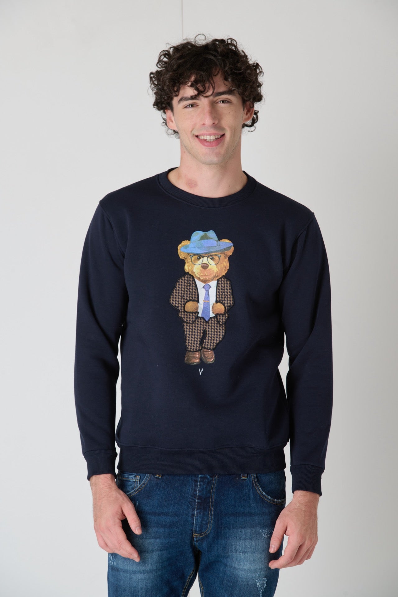 Crewneck Sweatshirt with Embroidered Teddy in V2 Blue Fabric